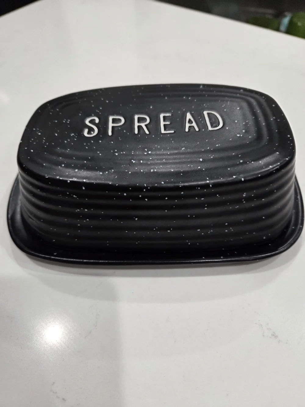 THE POTTERY PEOPLE Black Speckled Ceramic Butter Dish with 'SPREAD' Lid